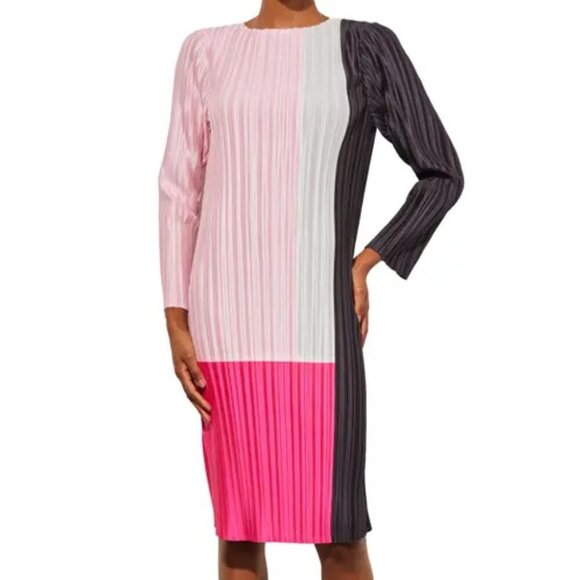 Ming Wang Colorblock Dress Women's Size M Pink Pleated Crinkle Crepe de Chine - Picture 1 of 14
